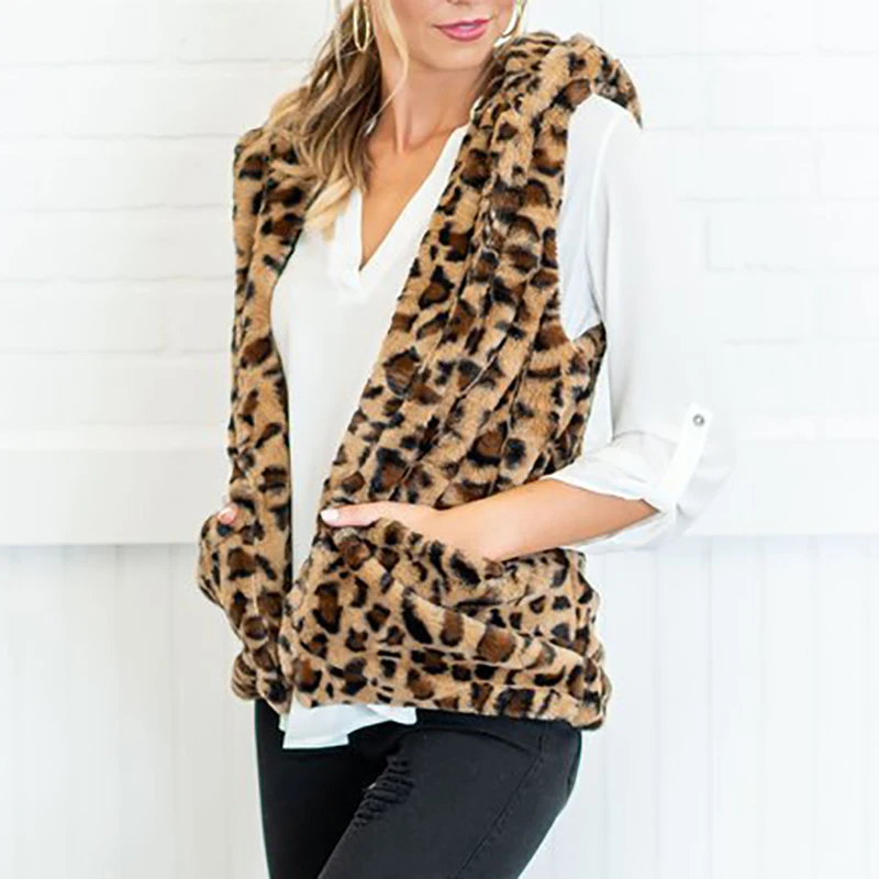 Leopard Vest For Women Autumn Winter Warm Lamb Wool Hooded Female Jacket Sleeveless Female