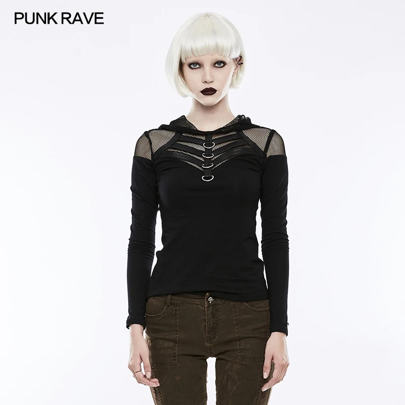 Punk Rave Hooded Long Sleeve T-shirt black sexy women casual rock personality women summer t shirt top WT495 Punk Rave Hooded Long Sleeve T-shirt black sexy women casual rock personality women summer t shirt top WT495
