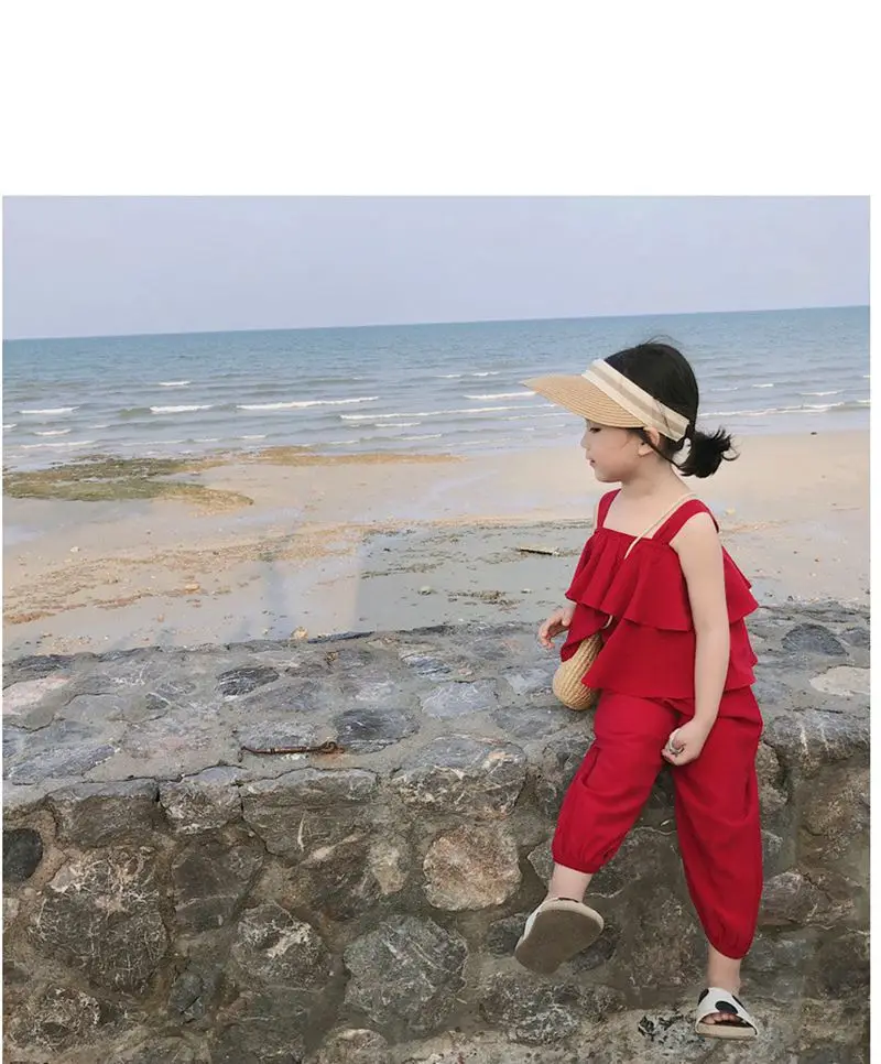Летний комплект одежды для маленьких девочек, красный хлопковый топ без рукавов+ штаны в Корейском стиле, модная детская одежда