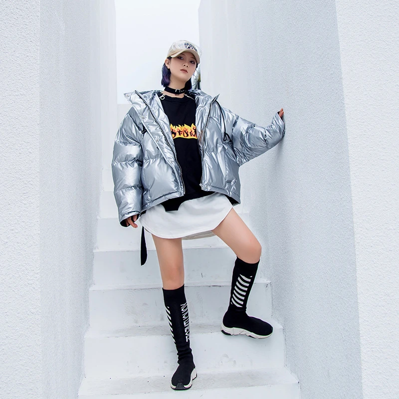 Veste Bas Parkas Vers Brillant Hip vent Hop Coton Femme Hiver Silver Argent Coupe 2018 Manteau Tendance Mode Chaud Nouvelle L312 Pu Le 6xzCc0q