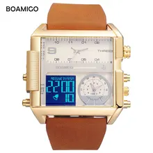 BOAMIGO brand men 3 time zone watches men sports digital watches 2017 leather rectangle quartz wristwatch waterproof gift clock