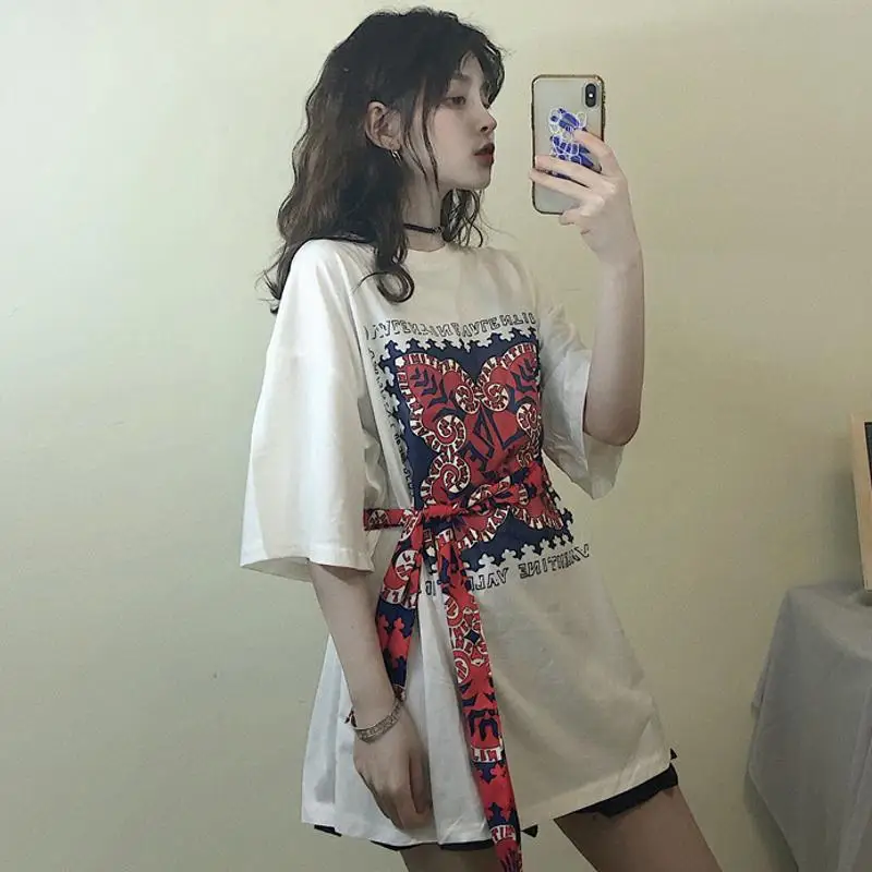 2019 الصيف تيز أزياء عارضة قصيرة الأكمام الطباعة س الرقبة فضفاض التباين اللون شخصية الراحة زائد حجم تي شيرت المرأة