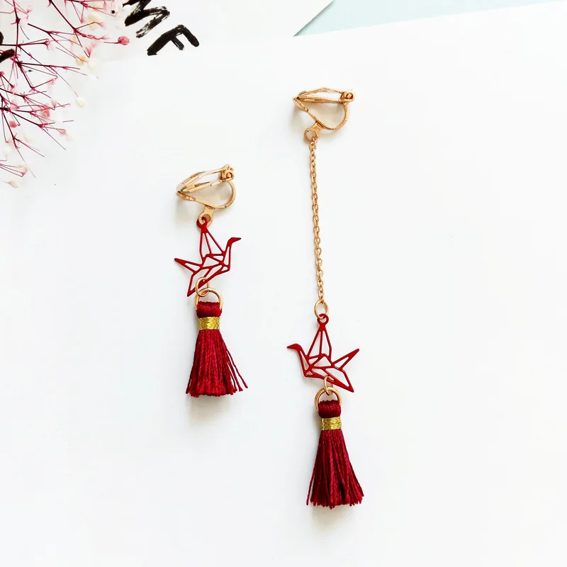 

Romantic Rope Style Chain Earrings Without No Piercing Wine Paper Crane Long Tassels Clip Earrings Non Pierced Ear Hole