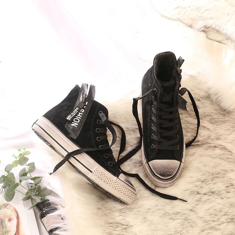 

2019 winter make old high-top warm cotton shoes with fleece canvas shoes for women short plush dirty shoes thick soles versatile