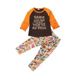 Повседневная одежда 2 шт. наряд для девочек Письмо Длинные Цветочные рукавами футболка шорты с цветочным принтом комплект Детская осенняя