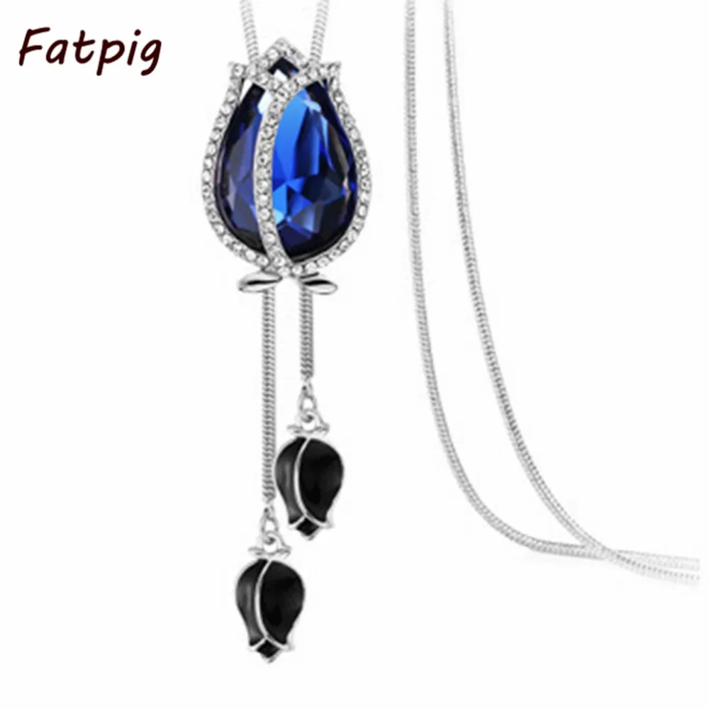 

High Quality Elegant Women Long Necklace Crystal Flower Tulip Pendant OL Women Necklace Sweater Chain Necklace Jewelry