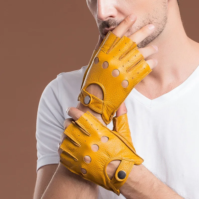 

High Quality Mens Leather Gloves Unlined Goatskin Half Finger Outdoor Non-slip Driving Gloves Fingerless Gloves For Male Mittens