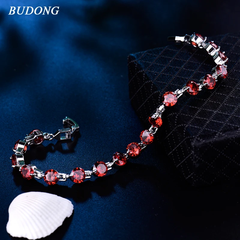 

BUDONG Fashion 19cm Link Chain Bracelet for Women Silver Color Bangle Pink/Purple Crystal Cublic Zirconia Jewelry xuL105