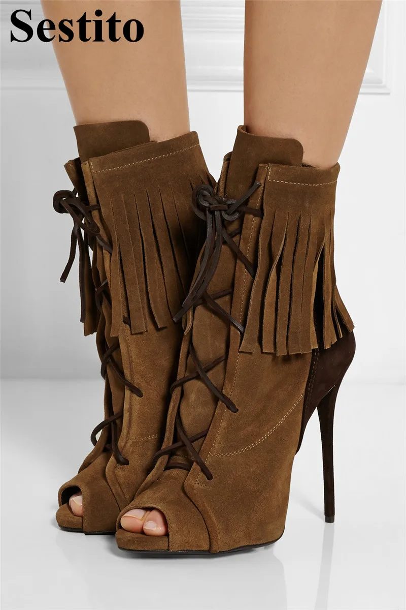 

Autumn New Fashion Peep Toe Cross-tied Fringe Short Boots Super High Thin Heels Ankle Boots For Women Lace-up Flock Women Shoes