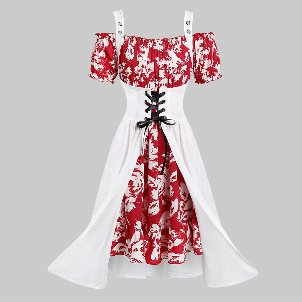 

ROSEGAL Plus Size Women Floral Off Shoulder Dress with Split Lace Up Top A-Line Square Collar Short Sleeves High Waisted Dress