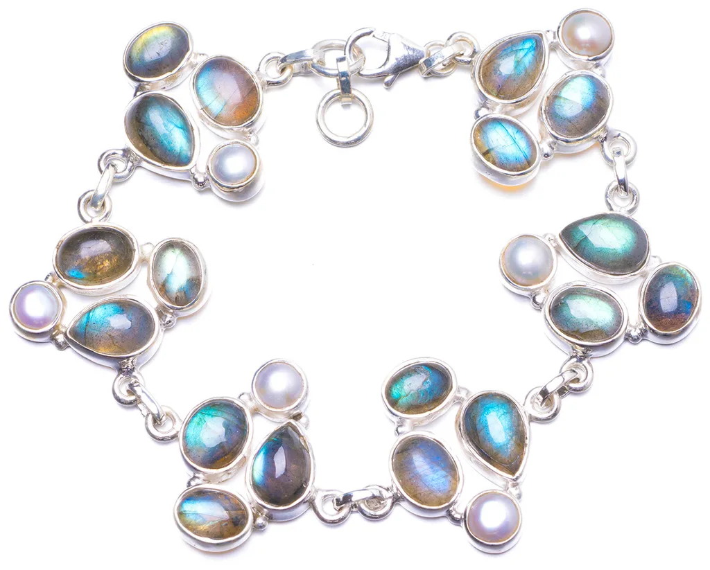 

Natural Labradorite and River Pearl Handmade Unique 925 Sterling Silver Bracelet 7 1/2-7 3/4" Y1332
