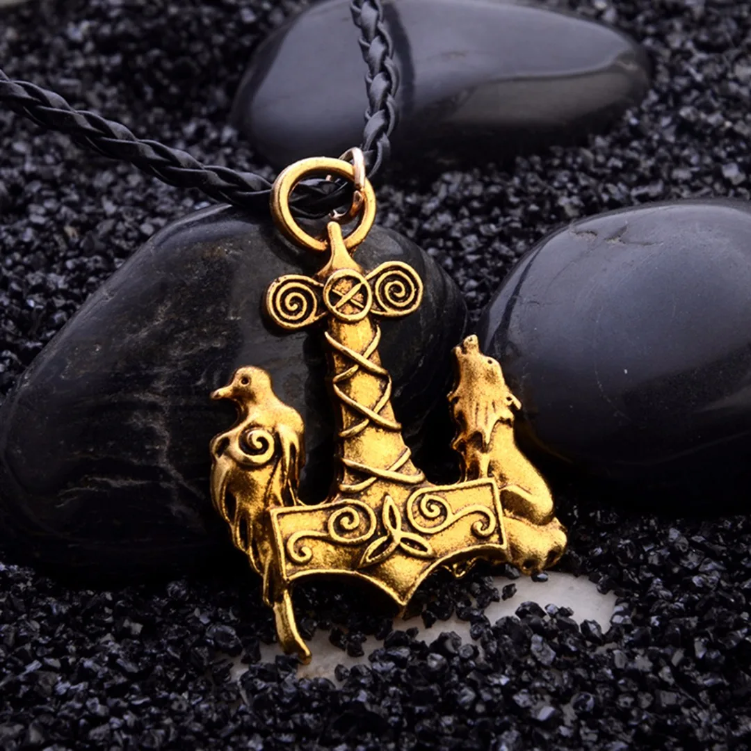 Nordic Viking Wolf & Raven Bird Ancient Jewelry Black Leather Necklace