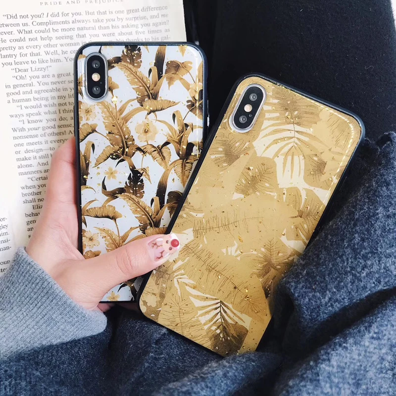Luxury Gold Glitter Phone Case For iPhone X XS Max XR Banana Leaf Soft Cover 7 8 6 6s Plus Coque Fundas |