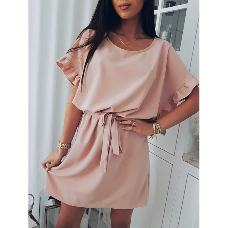 

Sweet Ruffle Dress Women New Batwing Sleeves Self-belted Mini Dress Vestidos Femme Loose Party Dress SJ185T