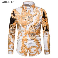 Мужская приталенная рубашка с длинным рукавом, роскошная Повседневная рубашка на пуговицах с цветочным принтом, мужская мода, Camisa Social Masculina 3XL