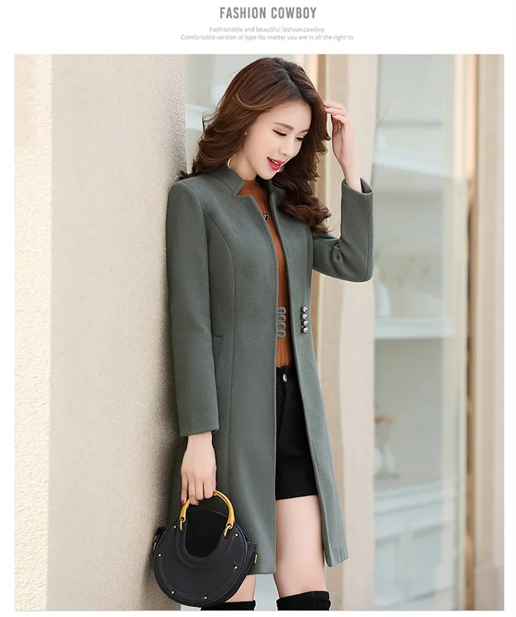 Новинка, зимнее корейское женское длинное шерстяное пальто, женское элегантное приталенное пальто с воротником, приталенная однотонная верхняя одежда, шерстяная куртка