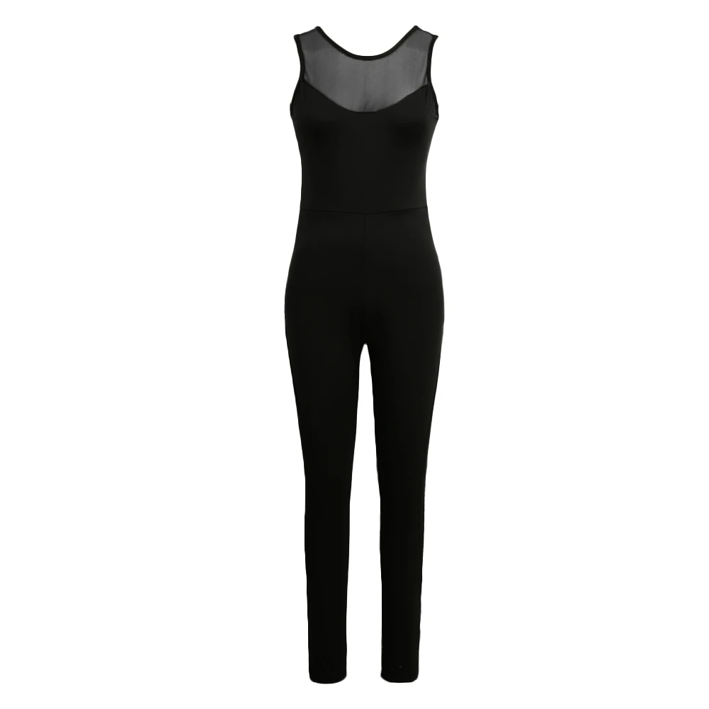 New Sexy Women Sport Gym Jumpsuit Solid Mesh Round Neck Sleeveless Overalls Fitness Leotards Athletic Playsuit Yogo Pants Black