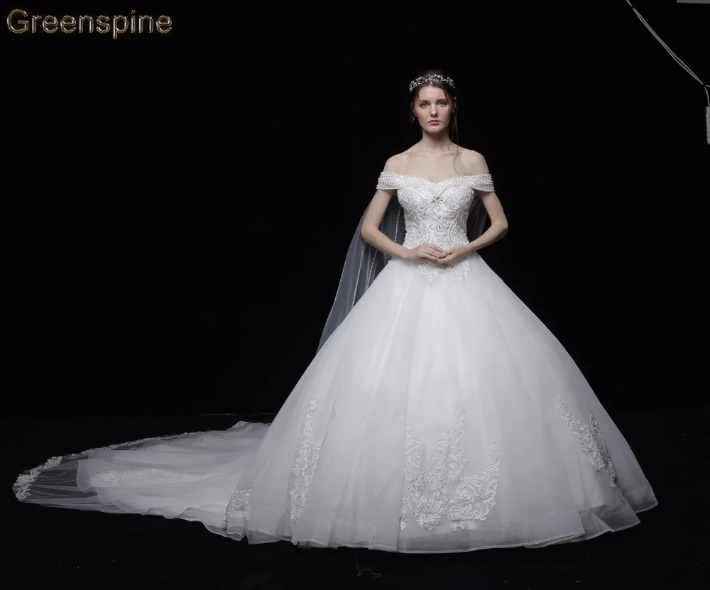 Greenspine Wedding Dress Bridal Gown A line off the shoulder Custom made Ivory beading Maxi