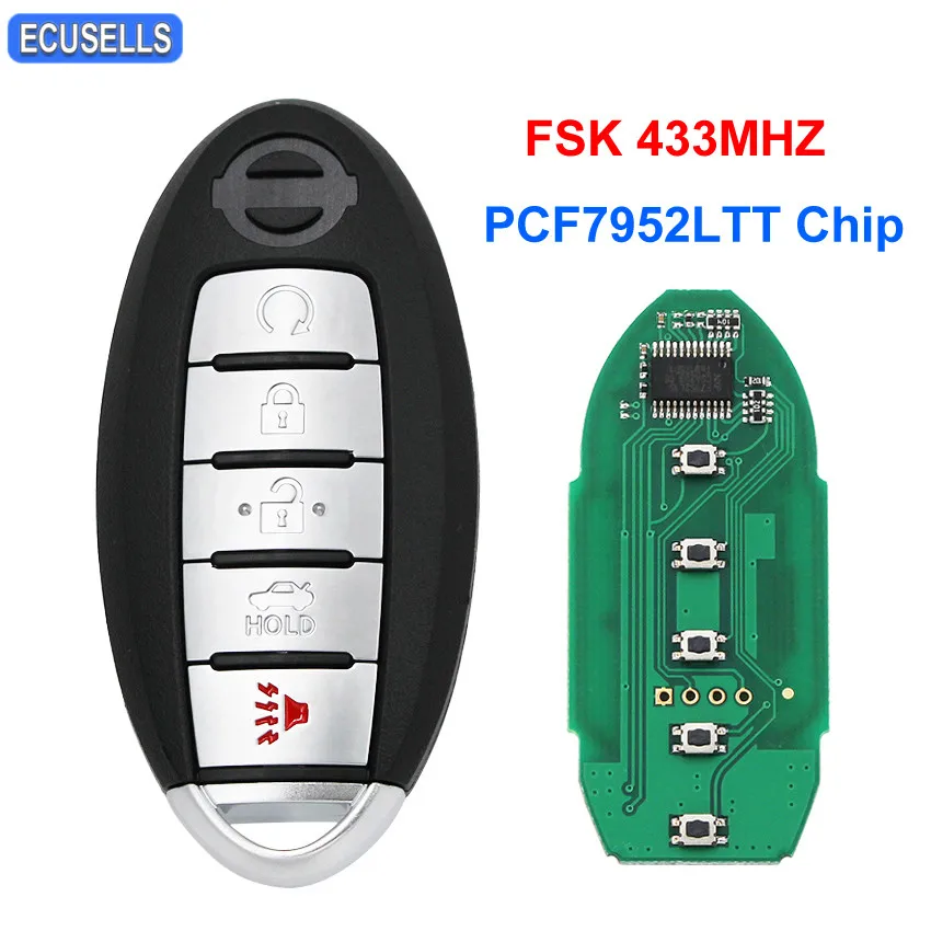 

Smart Remote Car Key Fob 4+1/5 Button FSK 433Mhz PCF7952LTT Chip with Insert Key Uncut Blade For Nissan Patrol