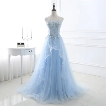 

Long prom dresses 2019 sky blue appliques crystals ruffles evening party dresses lace up elegant simple A line robe de soiree