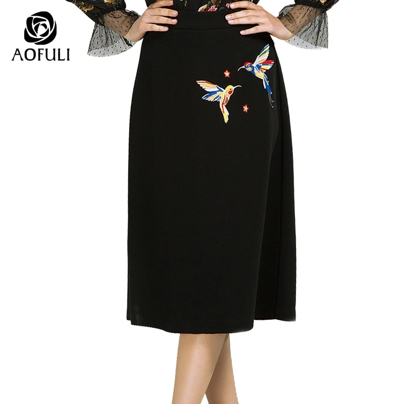 

S~ 3XL 4XL Elegant Embroidery Long Skirt Fashion Bird Pattern Midi Skirt Women Spring Autumn Calf-length Skirt AOFULI 1033