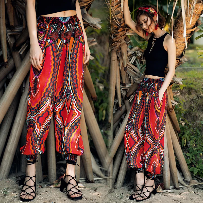 boho ethnic group style Beach pants womens Plus Size loose high waist
