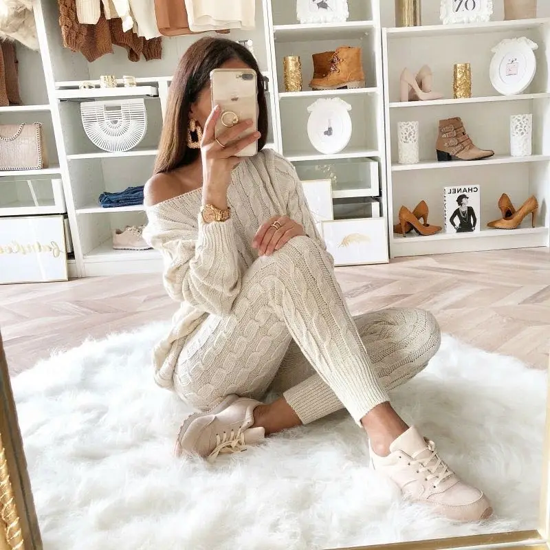 Autumn Cotton Tracksuit Plus Size 2 Piece Set Women Sweater Top+Pants Knitted Suit O Neck Knit Set Women Outwear Two Piece Set