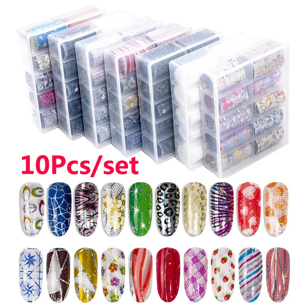 

10Sheets Colorful 4*100cm Holographic Nail Foil Set Transparent AB Color Nail Art Transfer Sticker Manicure DIY Holo Stickers