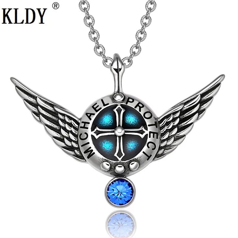 

KLDY Crystal Amulet Pendant & necklace Archangel Michael Angel Wings Protection Shield Magic Powers Roayl Blue Crystal Pendant