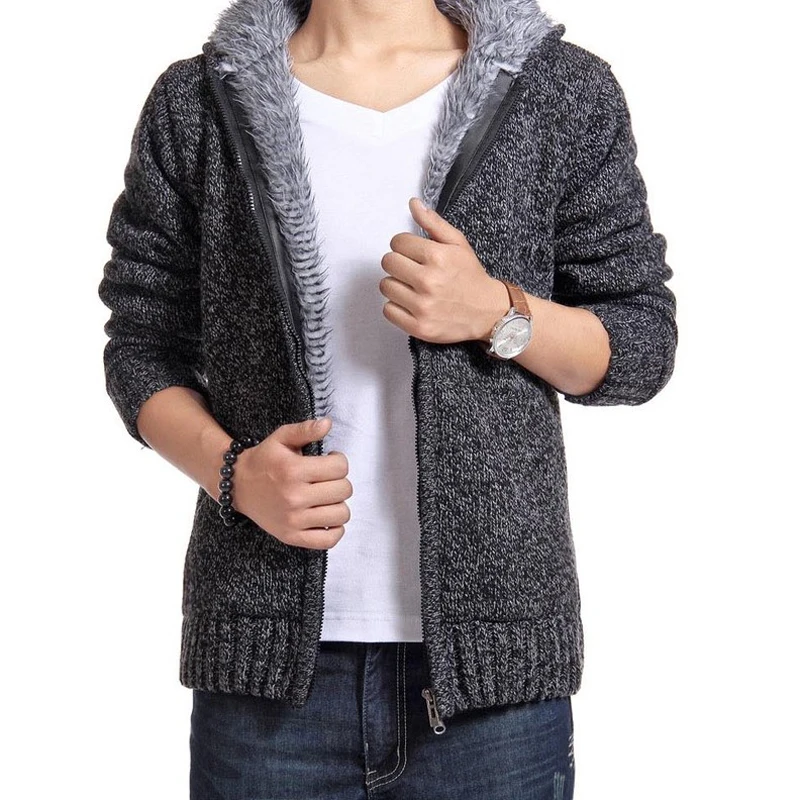 

2018 Winter Fashion Knitting Hoodies Warm Thick Men Sweatshirt Zip Male Hooded Fur MC-011