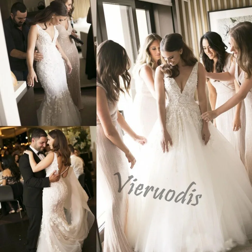 41--1              2017 Steven Khalil Two Pieces 2 in 1 Mermaid Wedding Dresses with Removable Long Over Skirt Train Pearls Bridal Gowns Plus Size Cheap