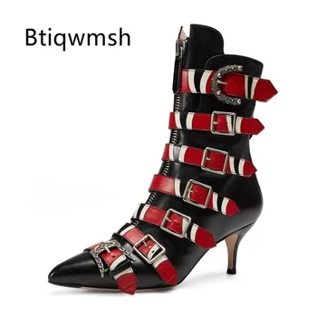 

2019 Sexy Ankle Boots Women Pointed Toe Black Blue Leather Embroidery High Heel Boots Woman Fashion Short Boots