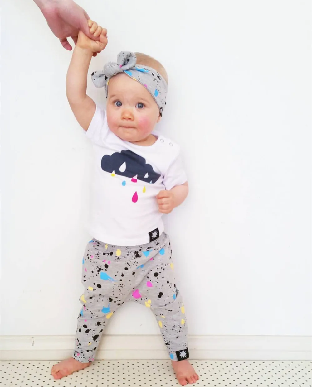 

2019 New Summer Baby Boy Girl Clothes Set Newborns Cartoon Short sleeve Color Raindrops T-shirt+Pants+Headban Toddler Outfits