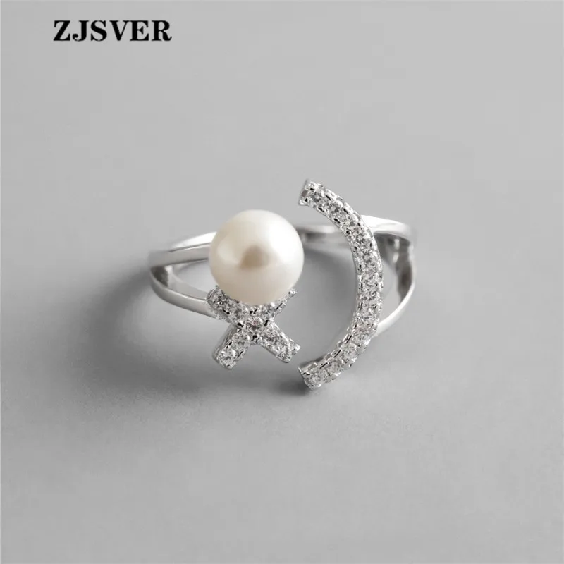 

ZJSVER Fine Jewelry 925 Sterling Silver Rings Fashion Simple Micro-set Smiley Pearl Opening Adjustable Women Ring For Present