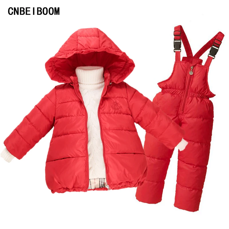 

2016 Kids Girls Winter Duck Down Clothes 2-7 years Brand Warm Hooded Jacket +Trousers Overalls Ski Suit Jacket Children Clothing