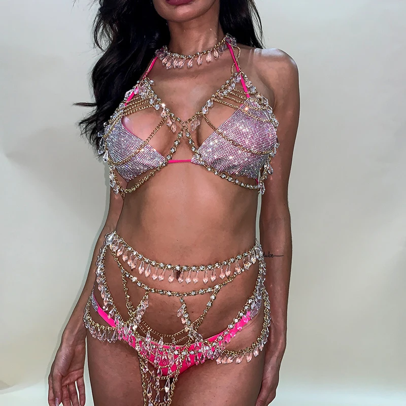 Crystal Bra Chain Patchwork Rhinestone Swimsuit Women Two Piece Set Summer Beach Push Up High Waisted Bathing Suits Neon Bikini