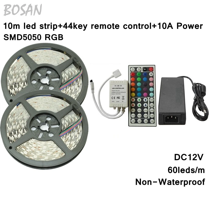 

10M SMD 5050 RGB LED Strip Set 60LED/M Flexible Tape Home Decoration Lighting 44Keys IR Controller 12V 10A Power Supply Adapter
