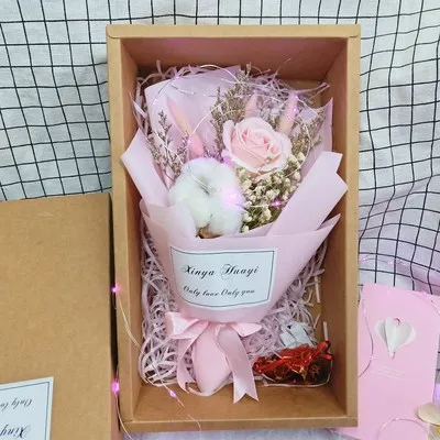 Plush Rabbit Doll Toy Flamingo Babysbreath Rose Dried Flower Bouquet Box Surprise Romantic Wedding/Graduation/Birthday Gift