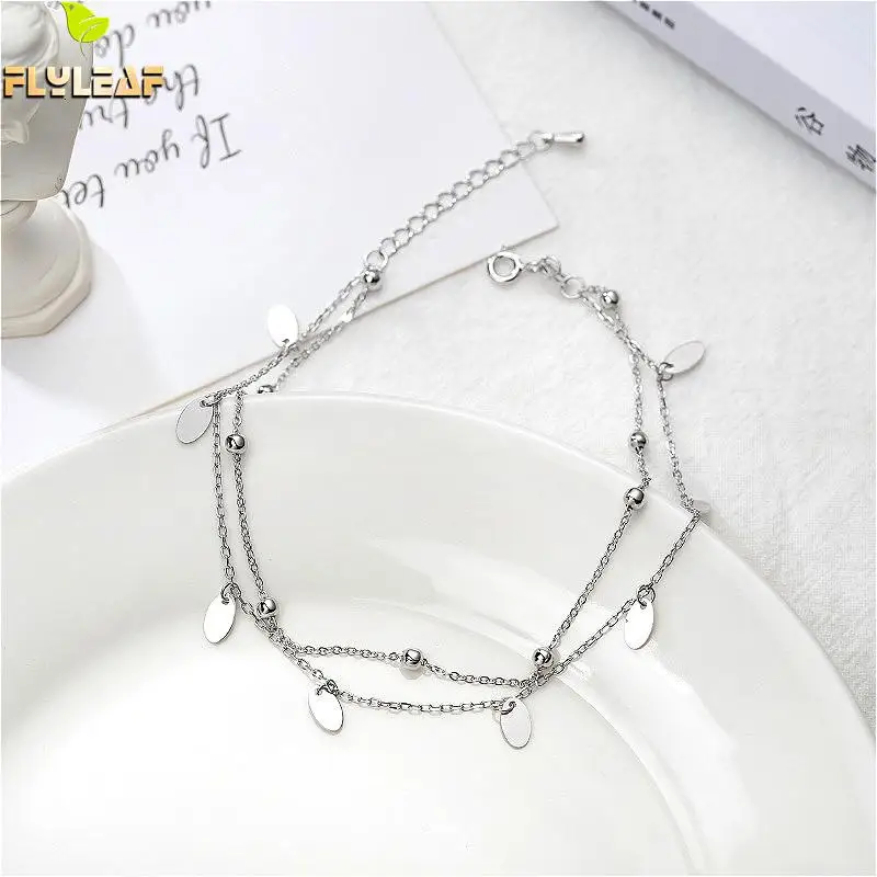 Flyleaf Simple Double Layer Sequin Bead Real Sterling Silver 925 Anklet For Women Fashion Leg Fine Jewelry Girl Anklets On Foot