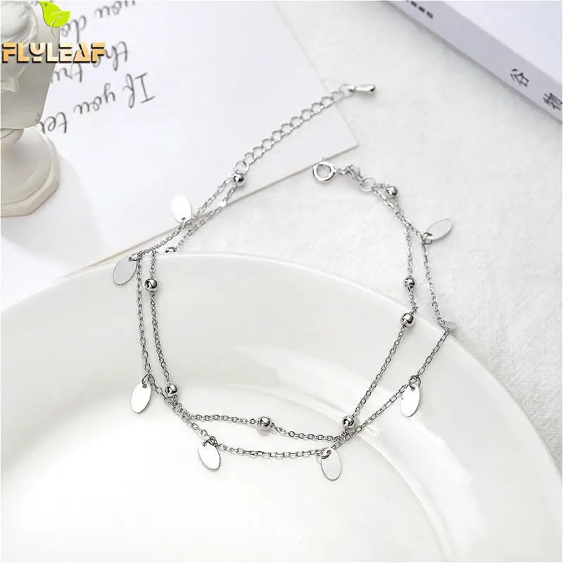 Flyleaf Simple Double Layer Sequin Bead Real Sterling Silver 925 Anklet For Women Fashion Leg Fine Jewelry Girl Anklets On Foot Flyleaf Simple Double Layer Sequin Bead Real Sterling Silver 925 Anklet For Women Fashion Leg Fine Jewelry Girl Anklets On Foot