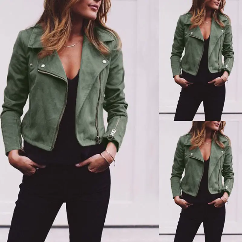 

MeiHuiDa 2018 New Style Fashion Women's Ladies Leather Jacket Zip Up Biker Flight Solid Casual Tops Jacket