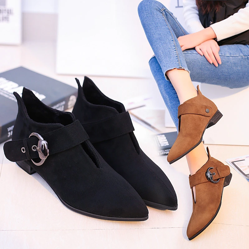 

Autumn Pointed Toe Women Boots Fashion Casual Ladies shoes Martin boots Suede Leather Buckle boots Low heeled Snow Boot