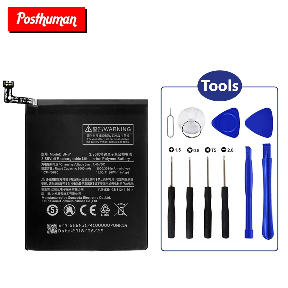 

BN31 Battery For Xiaomi Mi 5X Mi A1 Redmi Note 5A 5A Pro 3120mAh+Repair Tools Mi A1 (MiA1) Lithium Li-Po Rechargeable battery
