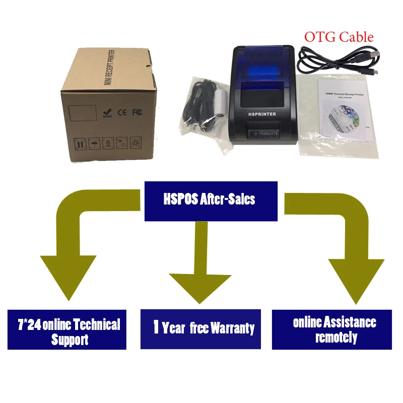 HSPOS горячая Распродажа USB 58 Pos термопринтер для чеков билетов с OTG кабелем