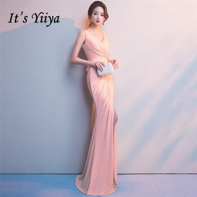 

It's Yiiya Evening dress Sexy V-neck Floor-length zipper back Mermaid prom dresses sleeveless backless long party gowns C118
