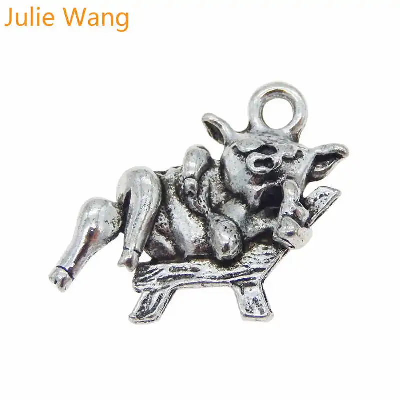 Julie Wang 10PCS Antique Silver Cow lying in Chair Cartoon Animal Charms For Necklace Pendant Bracelet Jewelry Making Accessory