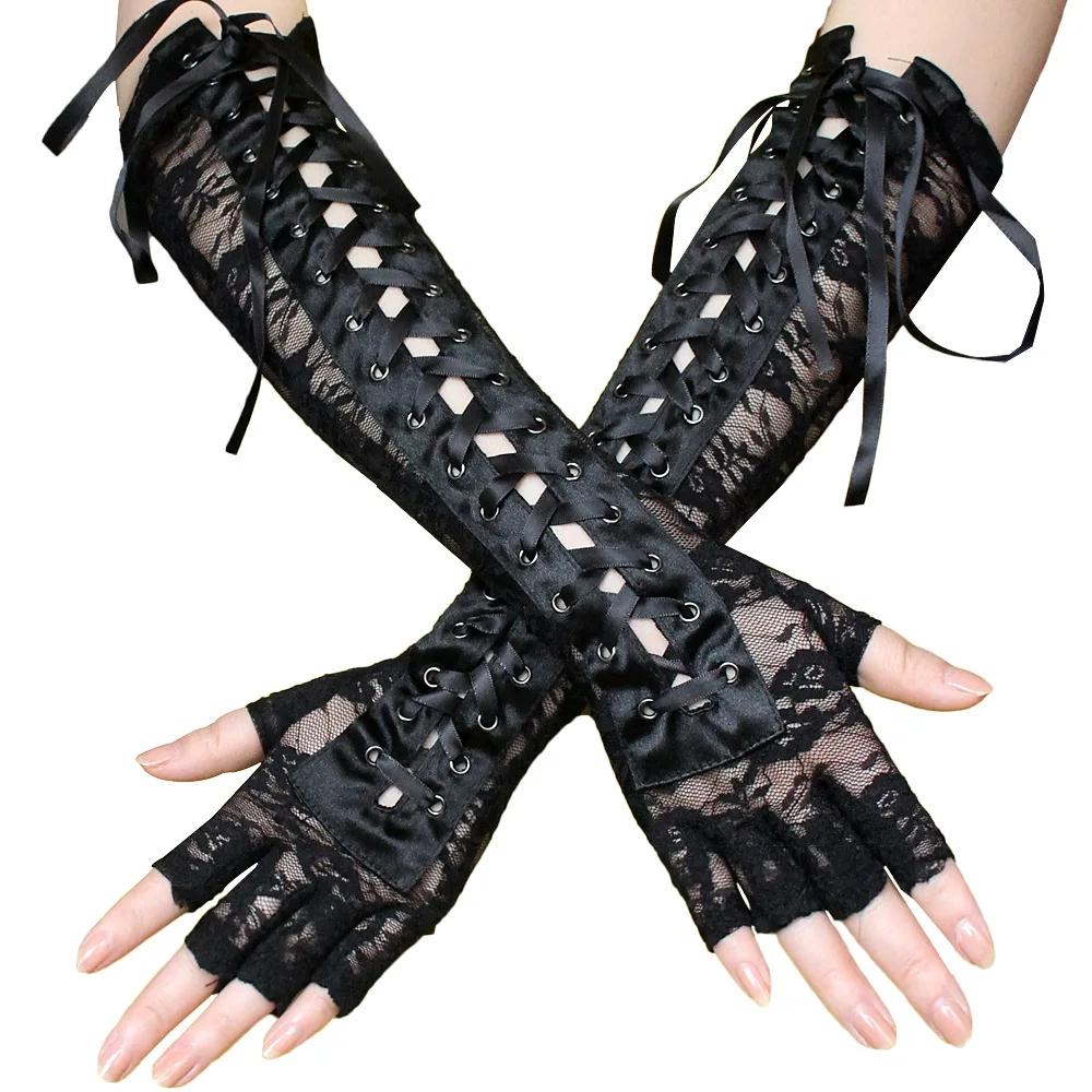 

European and American sexy lace binding gloves long ribbon rivet half finger etiquette ball gloves club