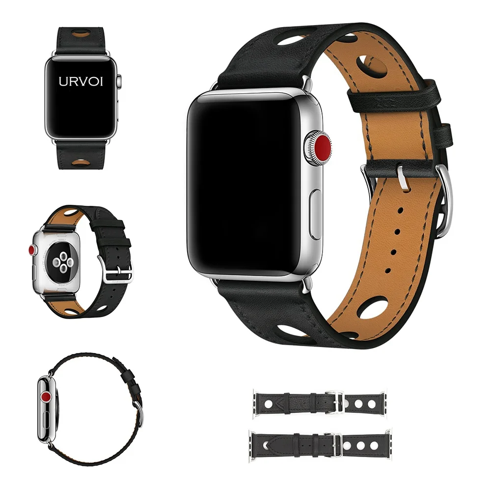 URVOI Single Tour Rally band for apple watch series 3 2 1 strap for iwatch racing belt for Hermes watch band Noir Gala leather