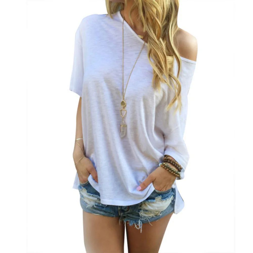 Summer Women Cotton Loose Short Sleeve Shirt One Shoulder Blouse Casual Top