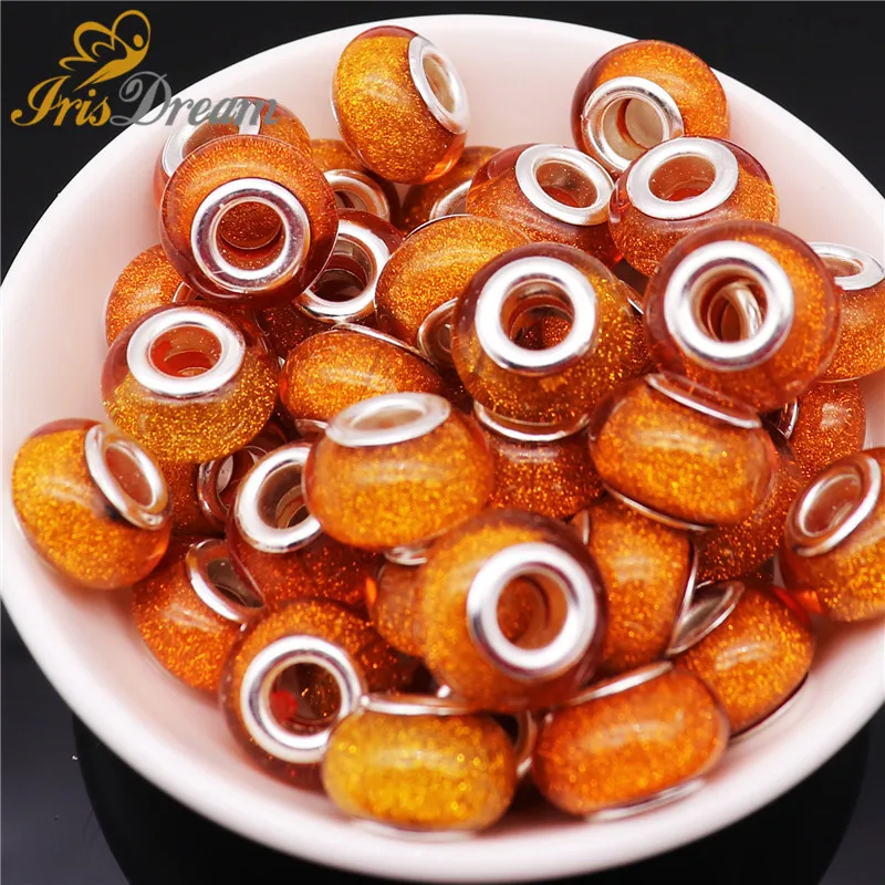 10Pcs Rondelle Glitter Round Big Hole Murano Resin Beads Spacer Fit Pandora Bracelet DIY Chain European Beads for Jewelry Making